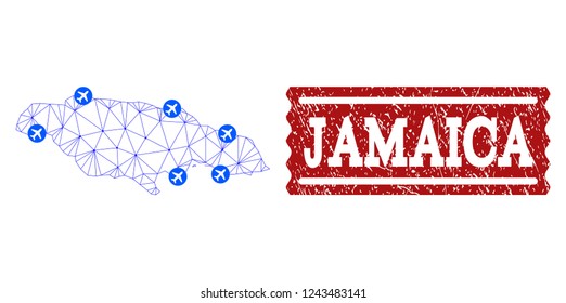 Air ticket collage of polygonal mesh map of Jamaica and scratched stamp seal. Vector red seal with unclean rubber texture for airtickets. Abstract blue mesh lines,