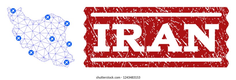 Air ticket collage of polygonal mesh map of Iran and dirty seal. Vector red seal with scratched rubber texture for airtickets. Abstract blue mesh lines, airports and points with map of Iran.