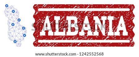 Air ticket collage of polygonal mesh map of Albania and grunge seal. Vector red seal with grunge rubber texture for airtickets. Abstract blue mesh lines, airports and points with map of Albania.