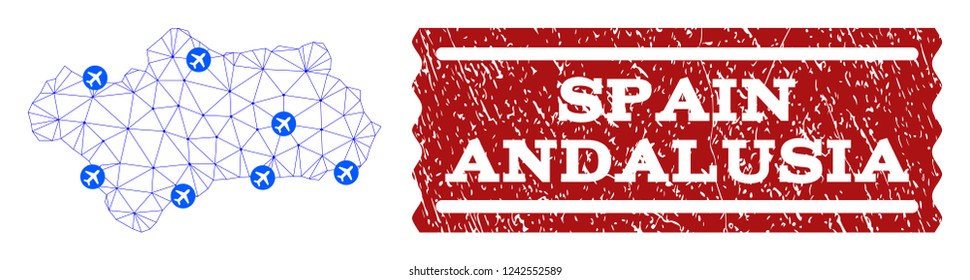 Air ticket combination of polygonal mesh map of Andalusia Province and scratched stamp seal. Vector red seal with unclean rubber texture for airtickets. Abstract blue mesh lines,