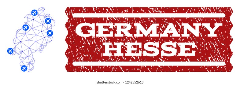 Air ticket combination of polygonal mesh map of Hesse State and rubber stamp seal. Vector red watermark with unclean rubber texture for airtickets. Abstract blue mesh lines,