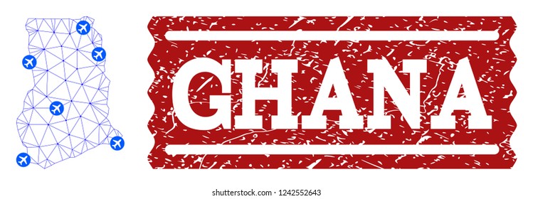 Air ticket combination of polygonal mesh map of Ghana and dirty seal. Vector red seal with unclean rubber texture for airtickets. Abstract blue mesh lines, airports and points with map of Ghana.