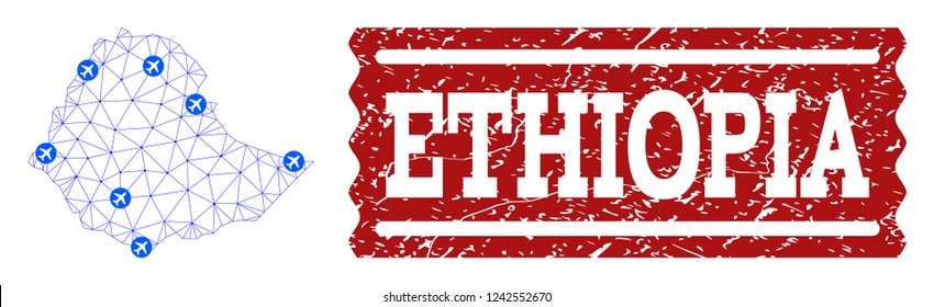 Air ticket combination of polygonal mesh map of Ethiopia and textured stamp seal. Vector red seal with distress rubber texture for airtickets. Abstract blue mesh lines,