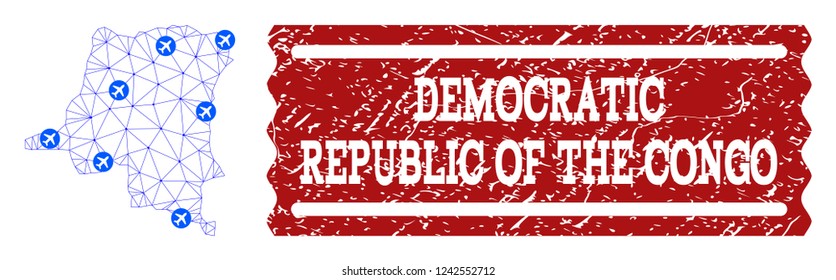 Air ticket combination of polygonal mesh map of Democratic Republic of the Congo and grunge seal. Vector red watermark with grunge rubber texture for airtickets. Abstract blue mesh lines,