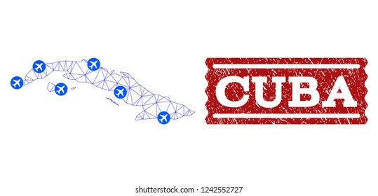 Air ticket combination of polygonal mesh map of Cuba Island and unclean seal. Vector red imprint with unclean rubber texture for airtickets. Abstract blue mesh lines,