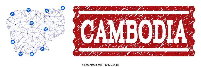 Air ticket combination of polygonal mesh map of Cambodia and rubber seal. Vector red seal with corroded rubber texture for airtickets. Abstract blue mesh lines,