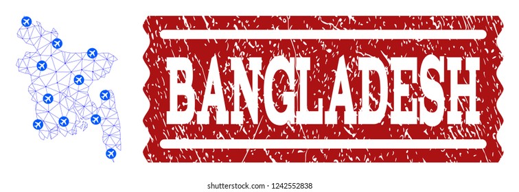 Air ticket combination of polygonal mesh map of Bangladesh and rubber seal. Vector red seal with scratched rubber texture for airtickets. Abstract blue mesh lines,