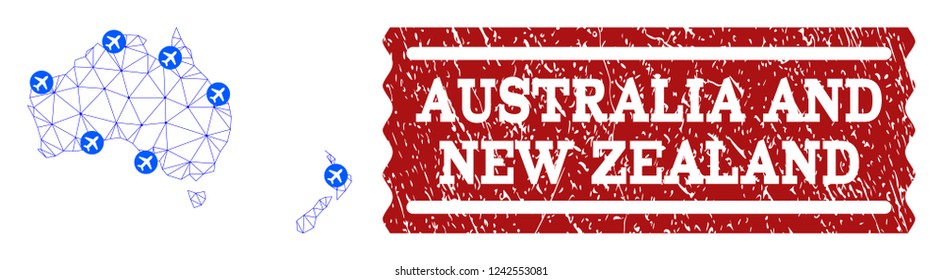 Air ticket combination of polygonal mesh map of Australia and New Zealand and rubber stamp seal. Vector red seal with unclean rubber texture for airtickets. Abstract blue mesh lines,