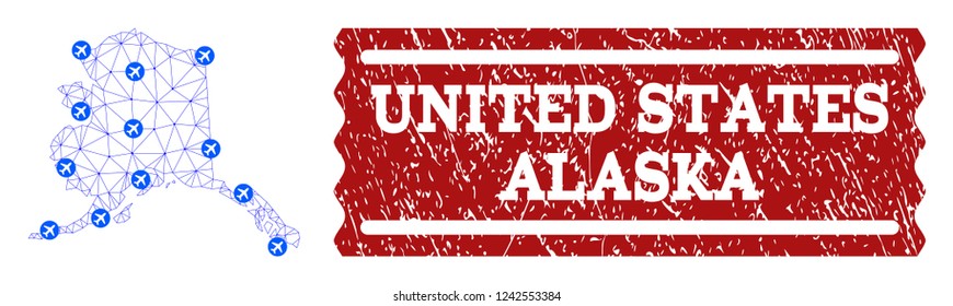 Air ticket combination of polygonal mesh map of Alaska State and rubber stamp seal. Vector red imprint with distress rubber texture for airtickets. Abstract blue mesh lines,