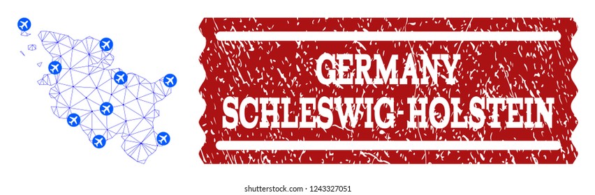 Air ticket combination of polygonal mesh map of Schleswig-Holstein State and rubber stamp seal. Vector red imprint with distress rubber texture for airtickets. Abstract blue mesh lines,