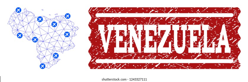 Air ticket combination of polygonal mesh map of Venezuela and unclean stamp seal. Vector red seal with scratched rubber texture for airtickets. Abstract blue mesh lines,