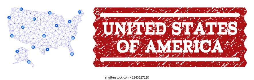 Air ticket combination of polygonal mesh map of USA and Alaska and scratched seal. Vector red seal with scratched rubber texture for airtickets. Abstract blue mesh lines,