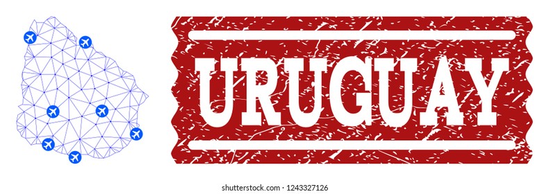 Air ticket combination of polygonal mesh map of Uruguay and unclean stamp seal. Vector red seal with unclean rubber texture for airtickets. Abstract blue mesh lines,