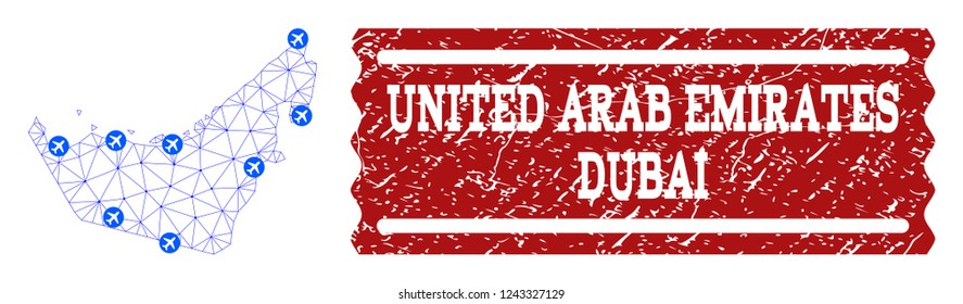 Air ticket combination of polygonal mesh map of United Arab Emirates and rubber stamp seal. Vector red imprint with unclean rubber texture for airtickets. Abstract blue mesh lines,