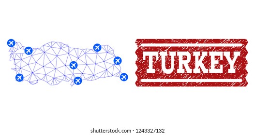 Air ticket combination of polygonal mesh map of Turkey and dirty stamp seal. Vector red seal with scratched rubber texture for airtickets. Abstract blue mesh lines,