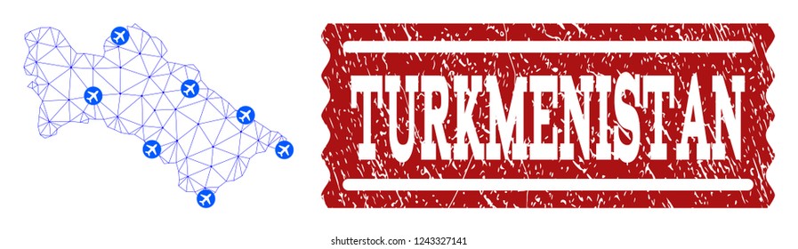 Air ticket combination of polygonal mesh map of Turkmenistan and scratched stamp seal. Vector red seal with unclean rubber texture for airtickets. Abstract blue mesh lines,