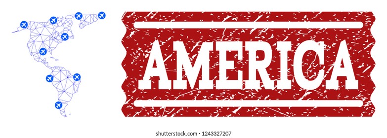 Air ticket combination of polygonal mesh map of South and North America and rubber stamp seal. Vector red watermark with corroded rubber texture for airtickets. Abstract blue mesh lines,