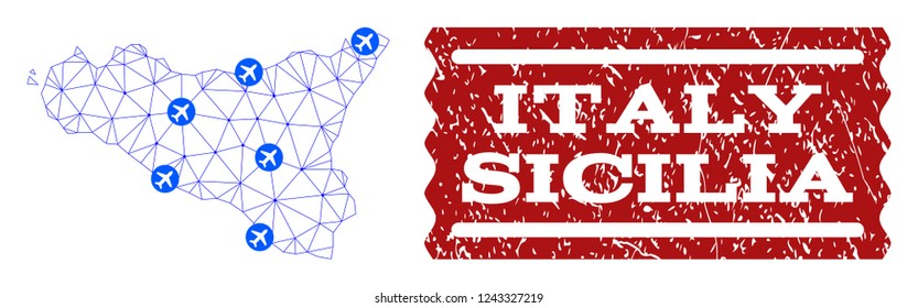 Air ticket combination of polygonal mesh map of Sicilia Island and scratched seal. Vector red seal with scratched rubber texture for airtickets. Abstract blue mesh lines,