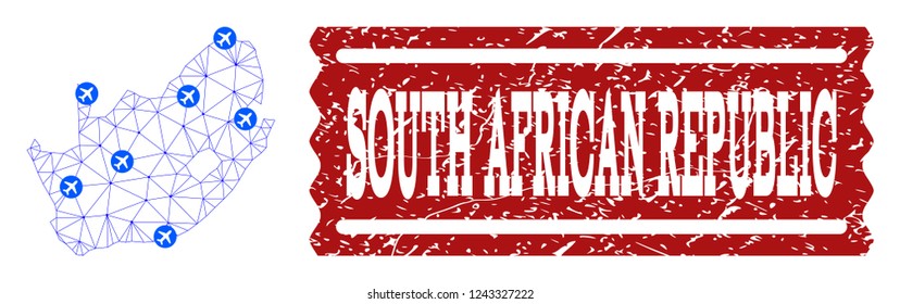 Air ticket combination of polygonal mesh map of South African Republic and scratched stamp seal. Vector red seal with unclean rubber texture for airtickets. Abstract blue mesh lines,