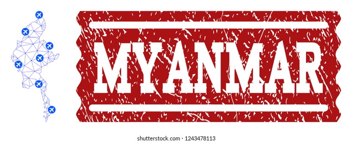 Air ticket combination of polygonal mesh map of Myanmar and textured seal. Vector red seal with corroded rubber texture for airtickets. Abstract blue mesh lines,