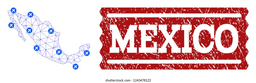 Air ticket combination of polygonal mesh map of Mexico and scratched stamp. Vector red imprint with scratched rubber texture for airtickets. Abstract blue mesh lines,