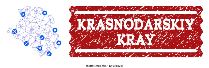 Air ticket combination of polygonal mesh map of Krasnodarskiy Kray and textured stamp seal. Vector red seal with unclean rubber texture for airtickets. Abstract blue mesh lines,