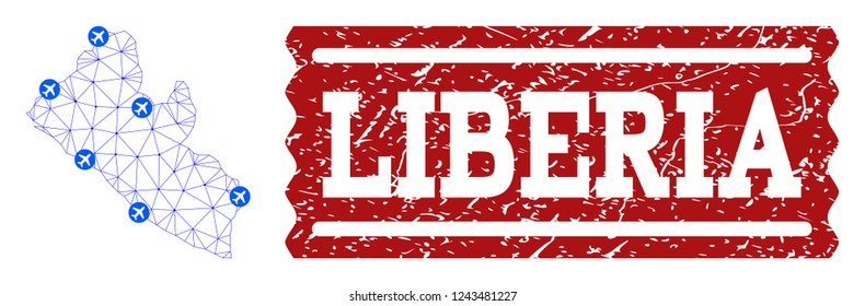 Air ticket combination of polygonal mesh map of Liberia and rubber seal. Vector red seal with distress rubber texture for airtickets. Abstract blue mesh lines, airports and points with map of Liberia.