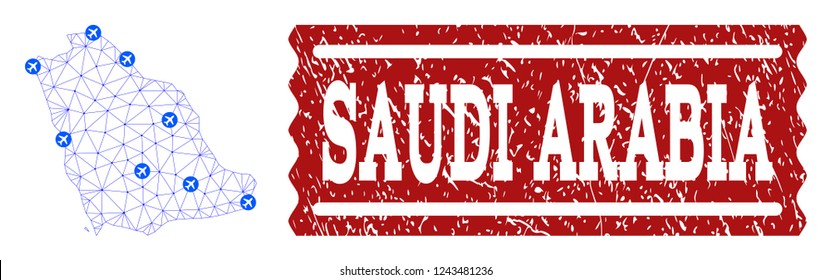 Air ticket combination of polygonal mesh map of Saudi Arabia and grunge seal. Vector red imprint with grunge rubber texture for airtickets. Abstract blue mesh lines,