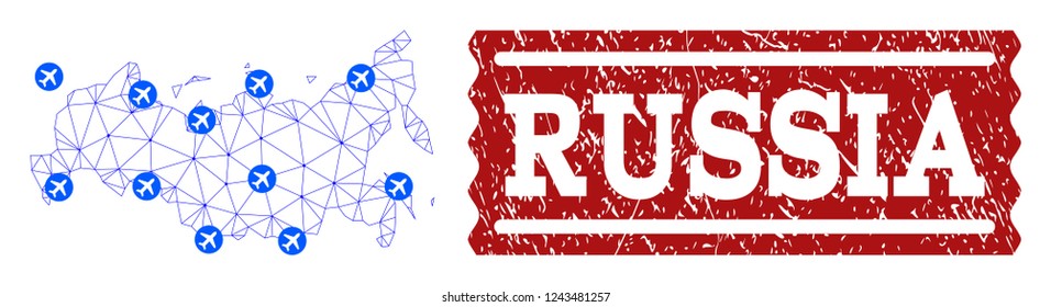Air ticket combination of polygonal mesh map of Russia and rubber stamp seal. Vector red seal with scratched rubber texture for airtickets. Abstract blue mesh lines,