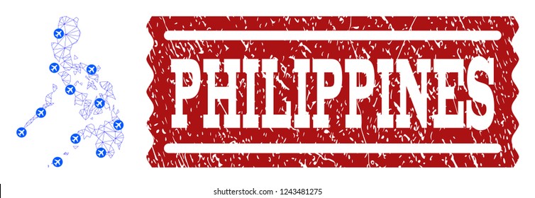 Air ticket combination of polygonal mesh map of Philippines and rubber stamp. Vector red imprint with unclean rubber texture for airtickets. Abstract blue mesh lines,