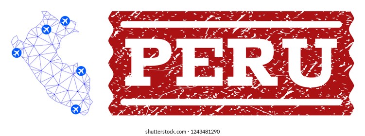 Air ticket combination of polygonal mesh map of Peru and textured stamp seal. Vector red seal with scratched rubber texture for airtickets. Abstract blue mesh lines,