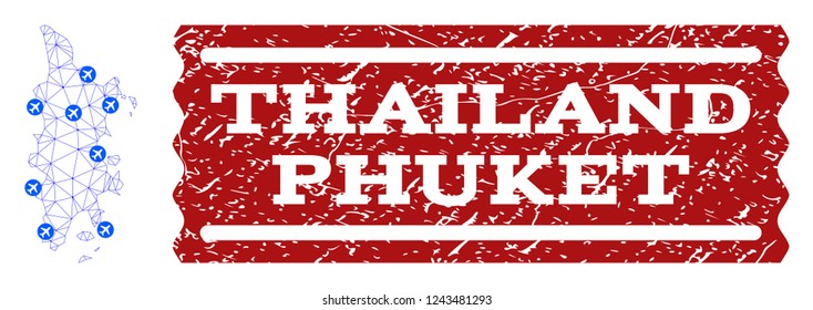 Air ticket combination of polygonal mesh map of Phuket and rubber stamp seal. Vector red seal with unclean rubber texture for airtickets. Abstract blue mesh lines,