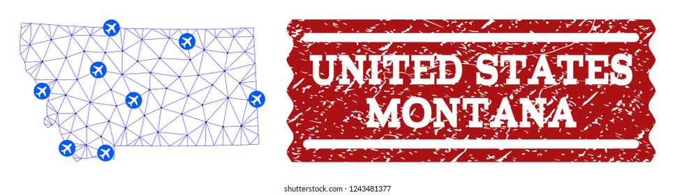 Air ticket combination of polygonal mesh map of Montana State and rubber seal. Vector red seal with corroded rubber texture for airtickets. Abstract blue mesh lines,