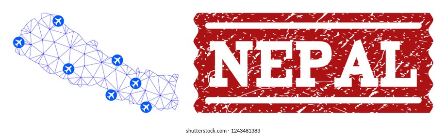 Air ticket combination of polygonal mesh map of Nepal and rubber seal. Vector red seal with scratched rubber texture for airtickets. Abstract blue mesh lines, airports and points with map of Nepal.