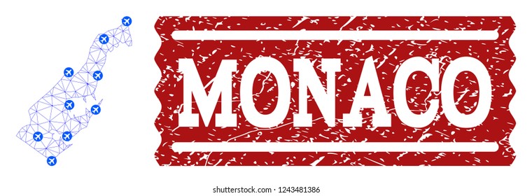 Air ticket combination of polygonal mesh map of Monaco and corroded stamp seal. Vector red seal with corroded rubber texture for airtickets. Abstract blue mesh lines,