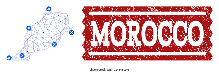 Air ticket combination of polygonal mesh map of Morocco and corroded seal. Vector red watermark with corroded rubber texture for airtickets. Abstract blue mesh lines,