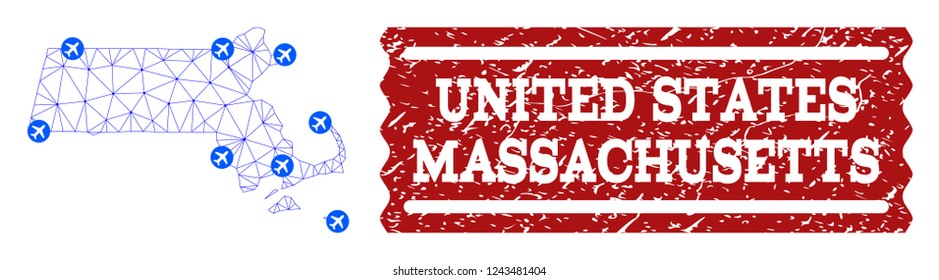 Air ticket combination of polygonal mesh map of Massachusetts State and rubber stamp. Vector red imprint with corroded rubber texture for airtickets. Abstract blue mesh lines,