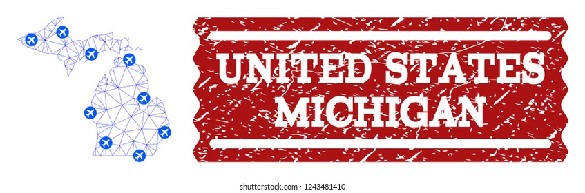 Air ticket combination of polygonal mesh map of Michigan State and corroded seal. Vector red seal with corroded rubber texture for airtickets. Abstract blue mesh lines,