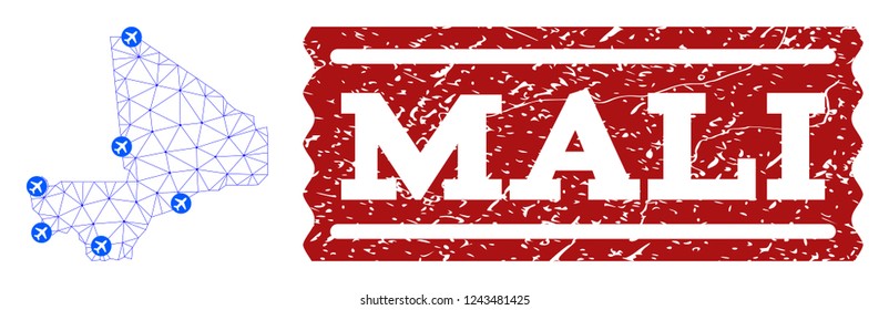 Air ticket combination of polygonal mesh map of Mali and rubber stamp seal. Vector red seal with corroded rubber texture for airtickets. Abstract blue mesh lines, airports and points with map of Mali.