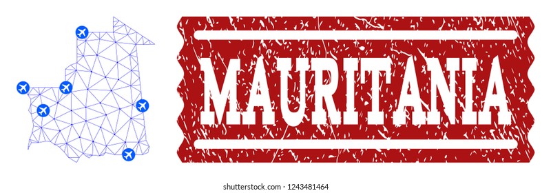 Air ticket combination of polygonal mesh map of Mauritania and rubber stamp seal. Vector red seal with grunge rubber texture for airtickets. Abstract blue mesh lines,