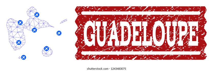 Air ticket combination of polygonal mesh map of Guadeloupe and dirty stamp seal. Vector red seal with corroded rubber texture for airtickets. Abstract blue mesh lines,