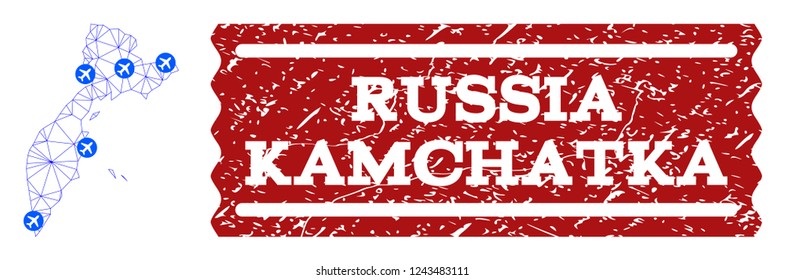 Air ticket combination of polygonal mesh map of Kamchatka Peninsula and rubber stamp. Vector red watermark with distress rubber texture for airtickets. Abstract blue mesh lines,