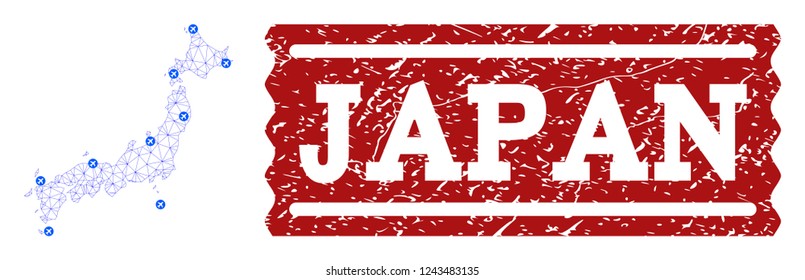 Air ticket combination of polygonal mesh map of Japan and rubber seal. Vector red seal with distress rubber texture for airtickets. Abstract blue mesh lines, airports and points with map of Japan.
