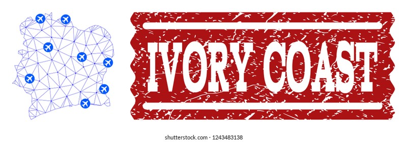 Air ticket combination of polygonal mesh map of Ivory Coast and rubber seal. Vector red seal with corroded rubber texture for airtickets. Abstract blue mesh lines,