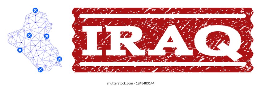 Air ticket combination of polygonal mesh map of Iraq and unclean stamp. Vector red imprint with unclean rubber texture for airtickets. Abstract blue mesh lines, airports and points with map of Iraq.