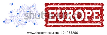 Air ticket combination of polygonal mesh map of Europe and scratched seal. Vector red seal with scratched rubber texture for airtickets. Abstract blue mesh lines,