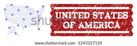 Air ticket combination of polygonal mesh map of USA and Alaska and scratched seal. Vector red seal with scratched rubber texture for airtickets. Abstract blue mesh lines,