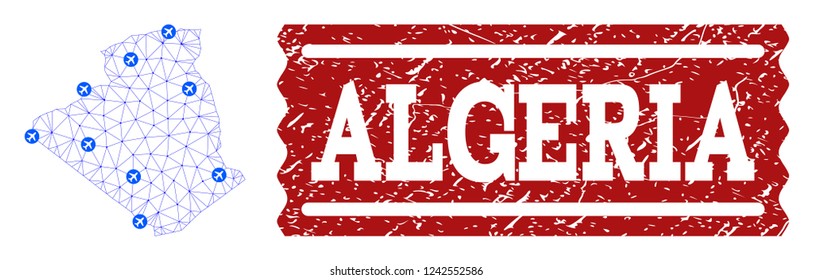 Air ticket composition of polygonal mesh map of Algeria and rubber stamp seal. Vector red imprint with corroded rubber texture for airtickets. Abstract blue mesh lines,
