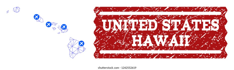 Air ticket composition of polygonal mesh map of Hawaii State and corroded stamp seal. Vector red seal with unclean rubber texture for airtickets. Abstract blue mesh lines,
