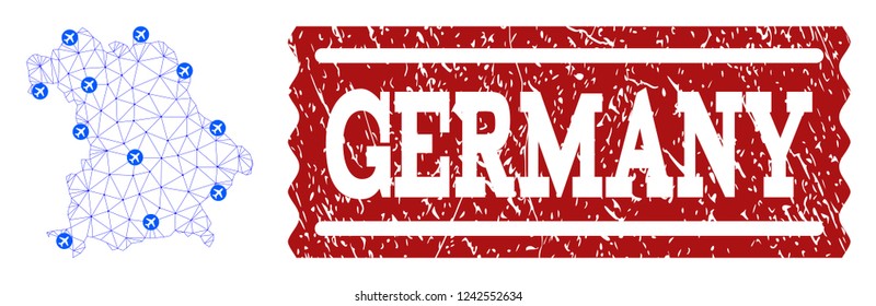 Air ticket composition of polygonal mesh map of Germany and corroded stamp. Vector red watermark with corroded rubber texture for airtickets. Abstract blue mesh lines,